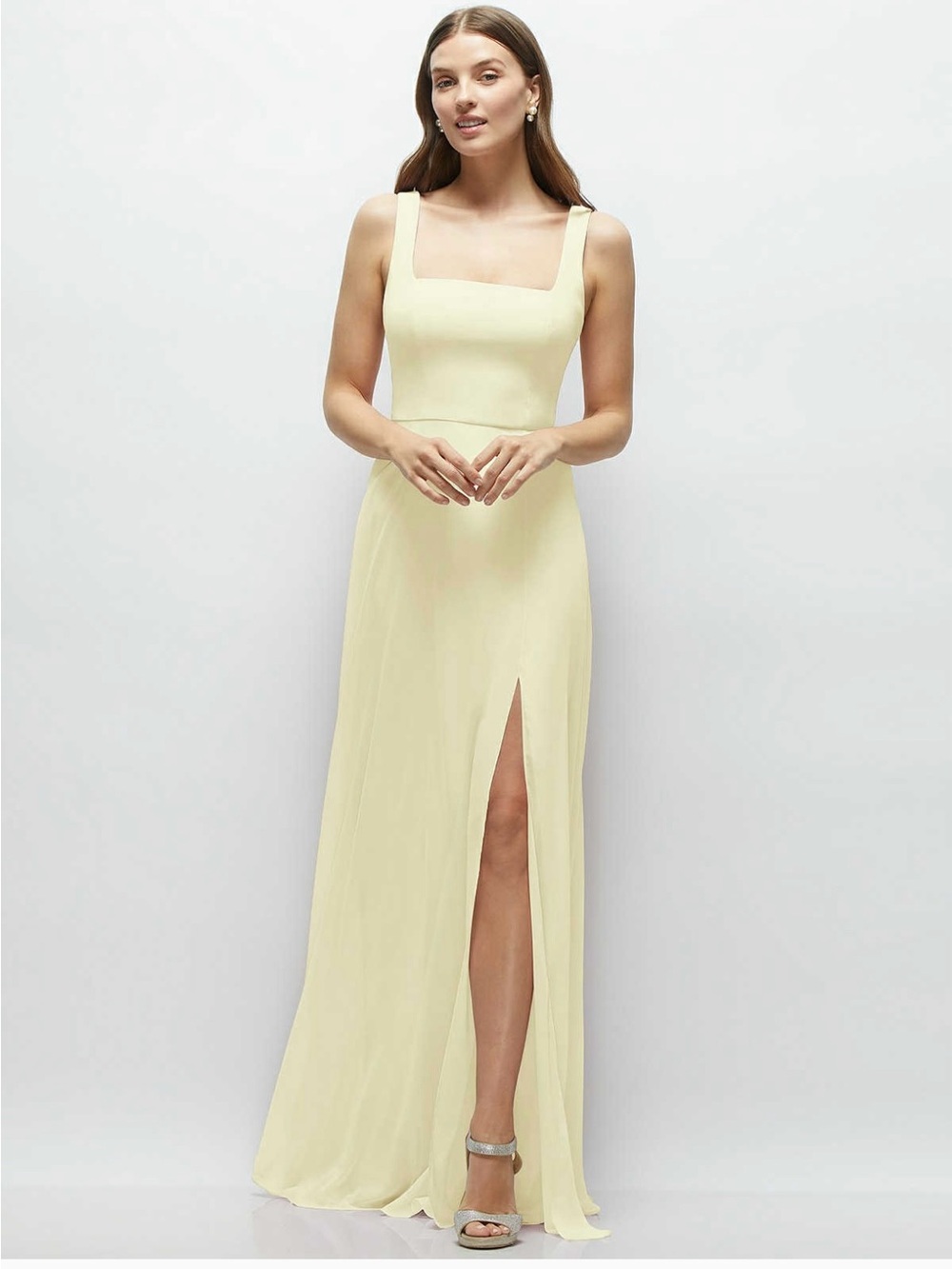 Dessy Elegant Square-Neck Butter Yellow Evening Gown with Front Slit